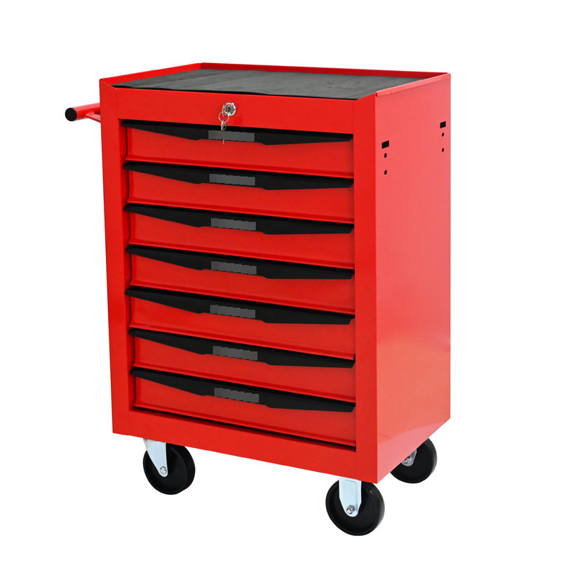 Armoire à outils en métal à 7 tiroirs en rouge et noir, acier laminé à froid, glissières à roulement, capacité de charge de 15 kg, 4 roulettes pivotantes avec chariot verrouillable, charge rouge et noire,