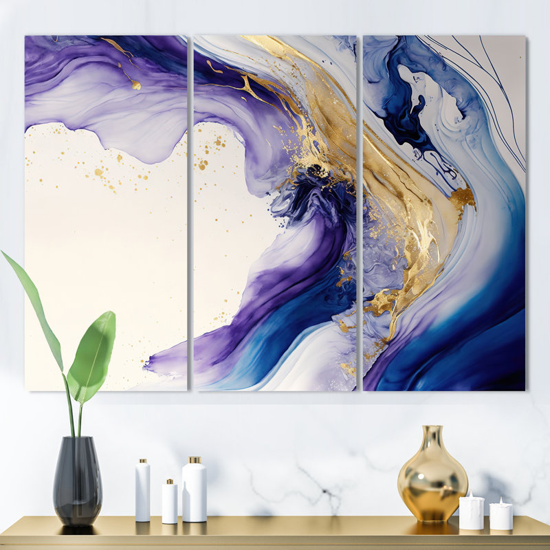 Bleu, or et mauve Splash Paint I - ensemble d'art mural moderne sur toile, H 28 po x l 36 po x P 1 po, Toile tendue