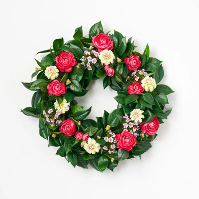 Couronne de porte Real Touch Camelia, fleurs fuchsia, mini dianthus et dahlia vert printemps été