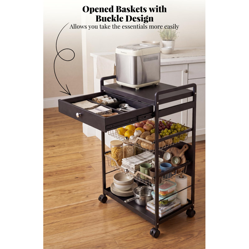 Chariot de rangement roulant robuste en métal à 4 niveaux - Tablette de rangement pliable - Support utilitaire peu encombrant avec roues verrouillables - Idéal pour la cuisine, le garde-manger, le garage et la salle de bain - Grande capacité - Noir
