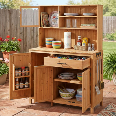 65" H Rustic Fir Wood Potting Bench With Hutch, Adjustable Shelves And Spice Rack