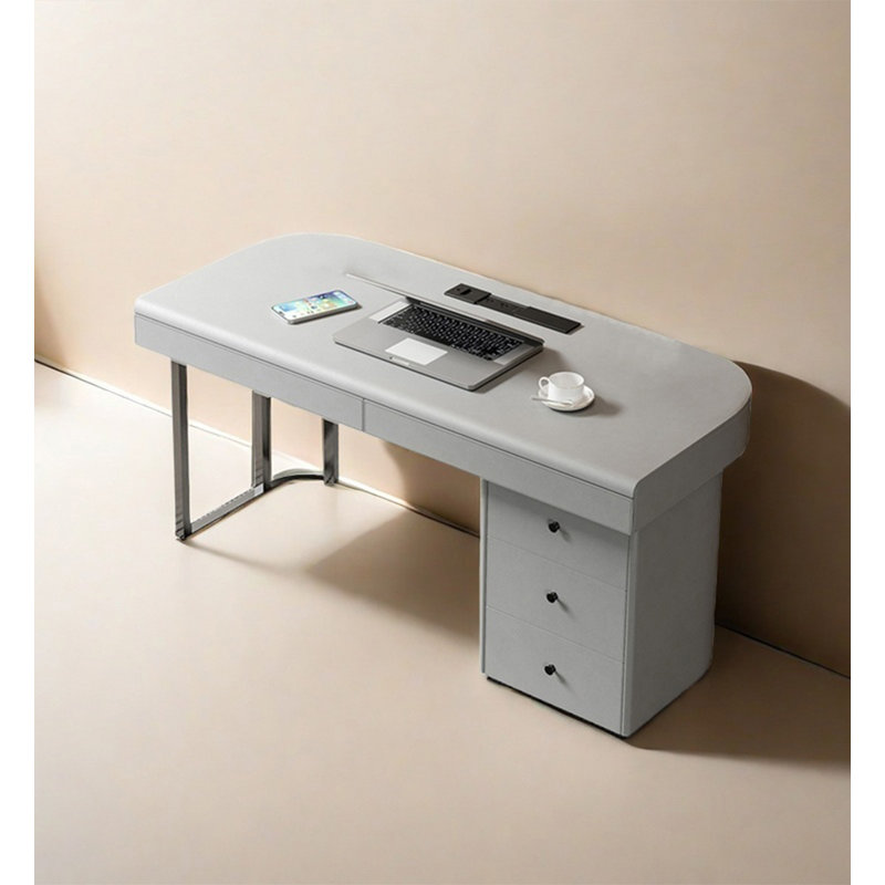 Bureau en cuir Saddle avec pieds en acier inoxydable et armoire à tiroir rétractable, H 29,5 po x l 55,1 po x P 27,6 po, Gris