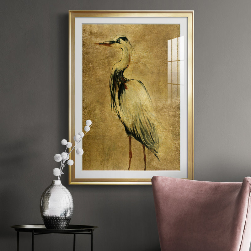 «Gold Crane at Dusk II», peinture sur toile encadrée, H 26,5 po x l 36,5 po x P 1,5 po, Or