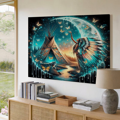Reproduction d'art sur toile Native American Woman Wolf Teepee Night Moon