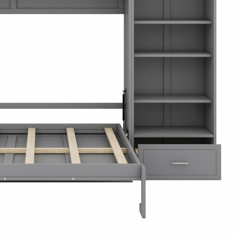 Murphy Bed With Storage Compartments Shelf And Drawer, Grey