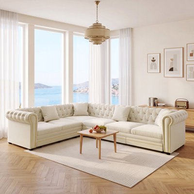115.3" L‑Shaped Velvet Sleeper Sofa, Convertible Pull‑Out Bed with Gold Trim Rolled Arms