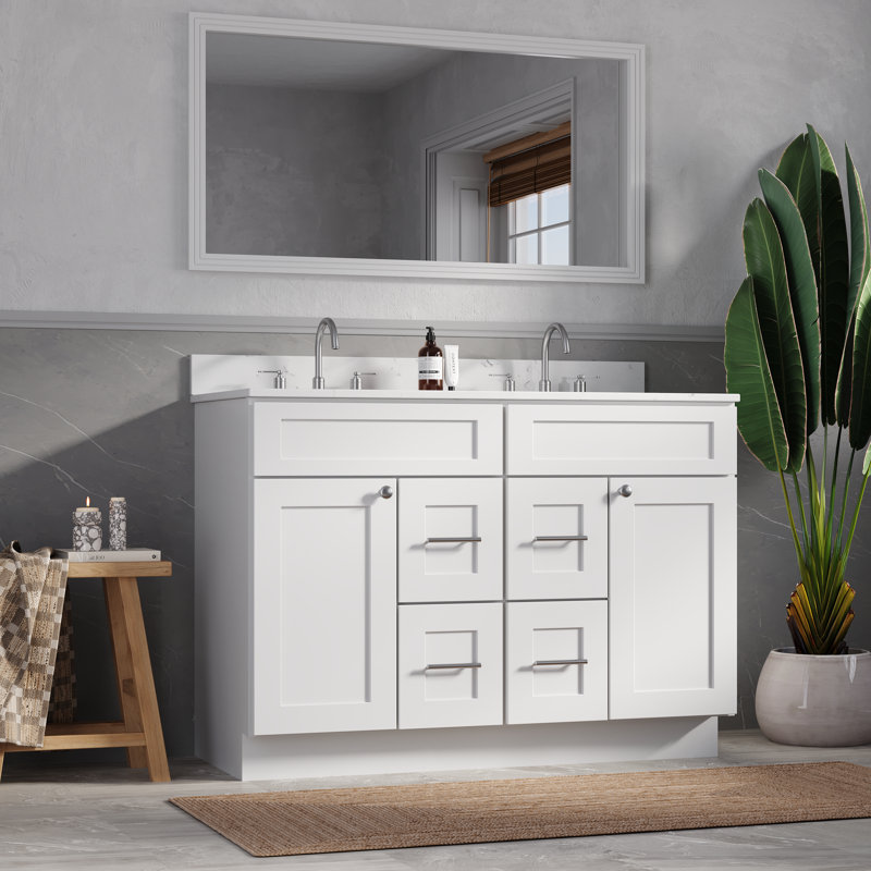 Disar 48" Double Bathroom Vanity Drawer With Carrara Quartz Top-side Splash&back Splash, White