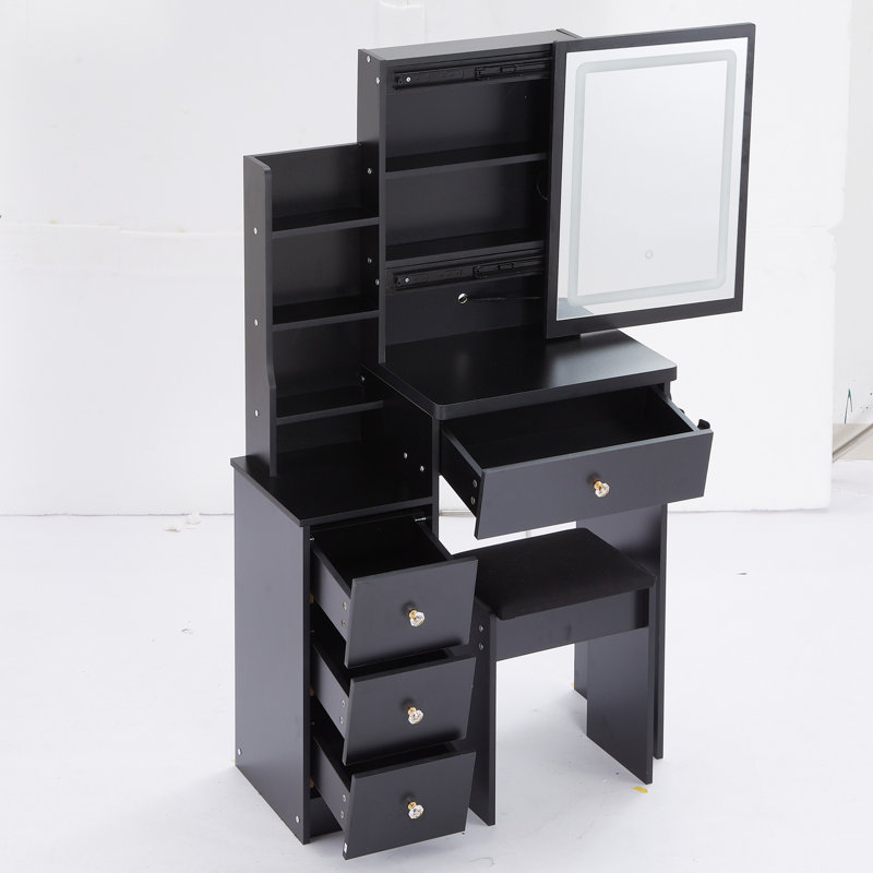 29.2" Small Size Left Bedside Cabinet Vanity Table + Cushioned Stool, 2 AC+2 USB Power Station, Hair Dryer Bracket, Extra Large Touch Control Sliding LED Mirror, Tri-Color Switching, Brightness Adjust