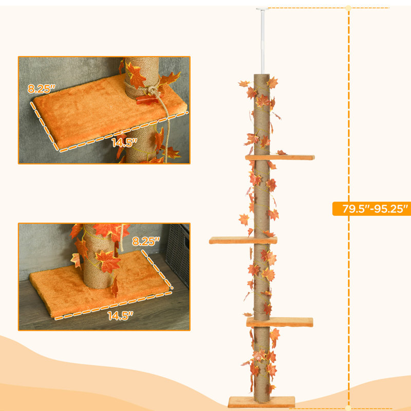 Du sol au plafond, arbre à chat, 80 à 95 po de haut, tour à 3 niveaux avec poteaux à griffes et perchoirs pour chats d'intérieur, tour réglable orange, plateformes pour les amateurs de félins à la maison,