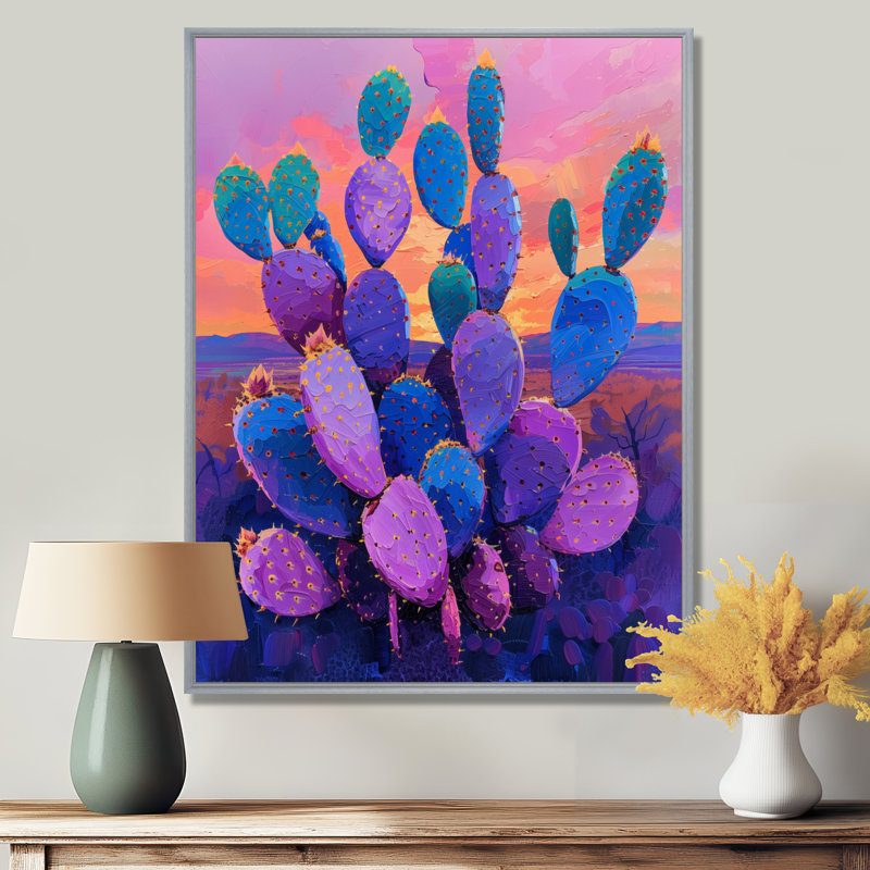 Cactus mauve et bleu, coucher de soleil Vibes I - décoration murale cactus floral, Toile argentée avec cadre flottant