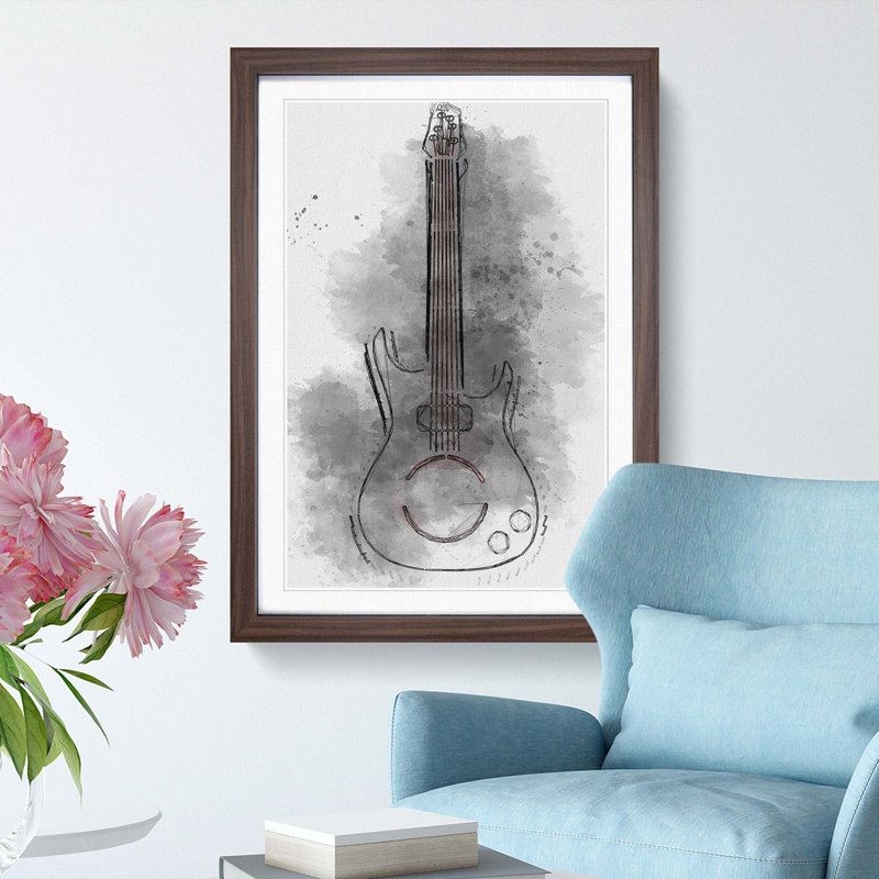Neon Electric Guitar in Abstract - Picture Frame Graphic Art Print on MDF, 65cm H x 48cm W x 2cm D, Walnut Framed