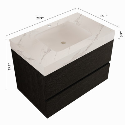 Meuble-lavabo flottant moderne 29,9 po avec comptoir en faux marbre et lavabo encastré en céramique, fixation murale pour petites salles de bain et appartements