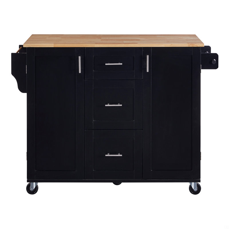 Îlot de cuisine avec rangement K&K, chariot de cuisine avec plateau en bois d'hévéa, 3 tiroirs, 2 tablettes coulissantes et support de rangement interne, îlot de cuisine sur roulettes avec support à épices et support à tour