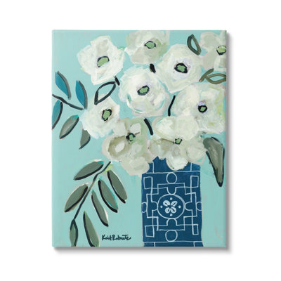 " Abstract Round Floral Blossoms White Poppies Geometric Vase " Acrylic Painting