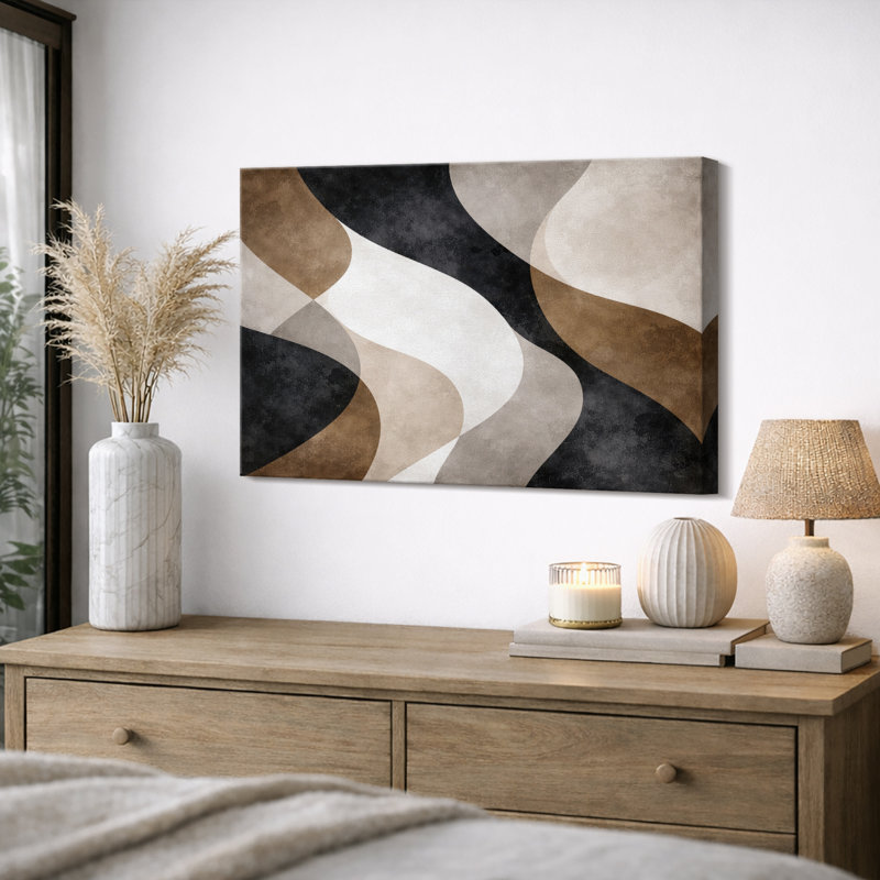 Abstrait neutre, beige beige, composition de vagues, art contemporain, impression sur toile encadrée, Toile tendue