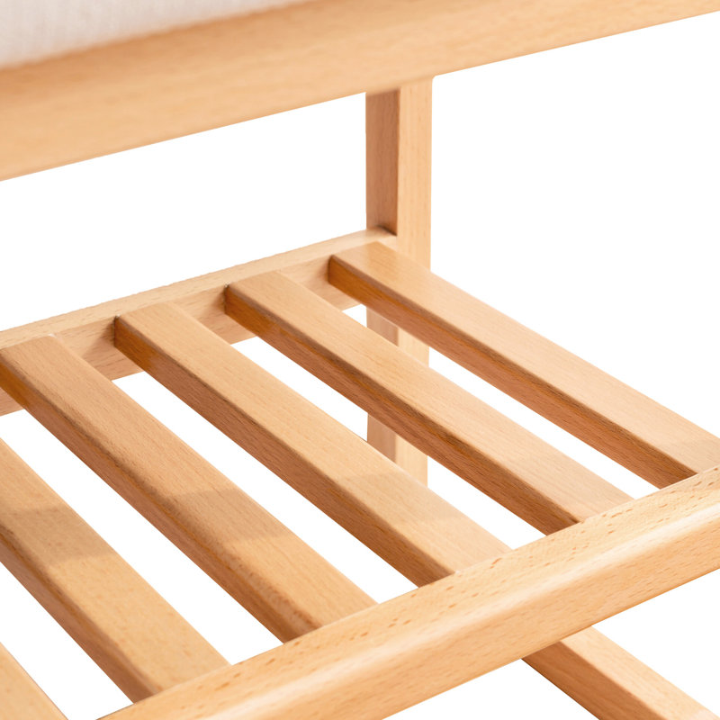 High Rebound Sponge Cushioned Natural Solid Wood Shoe Bench, Beech Storage Organizer For Entryway, Bedroom, Hallway - 23.17" Long, 11.81" Deep, 16.5" High, 300Lbs Weight Limit, Two Tier Shelf Design,