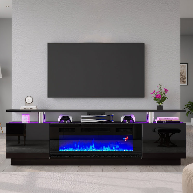 Bhhatu 2 Tier High Gloss TV Stand with Electric Fireplace Included, 70", Black