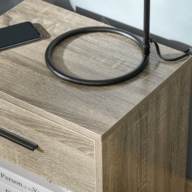 Table d'appoint, petite table de bout avec tablette de rangement et tiroir, table de chevet moderne pour chambre à coucher ou salon, grain de bois gris