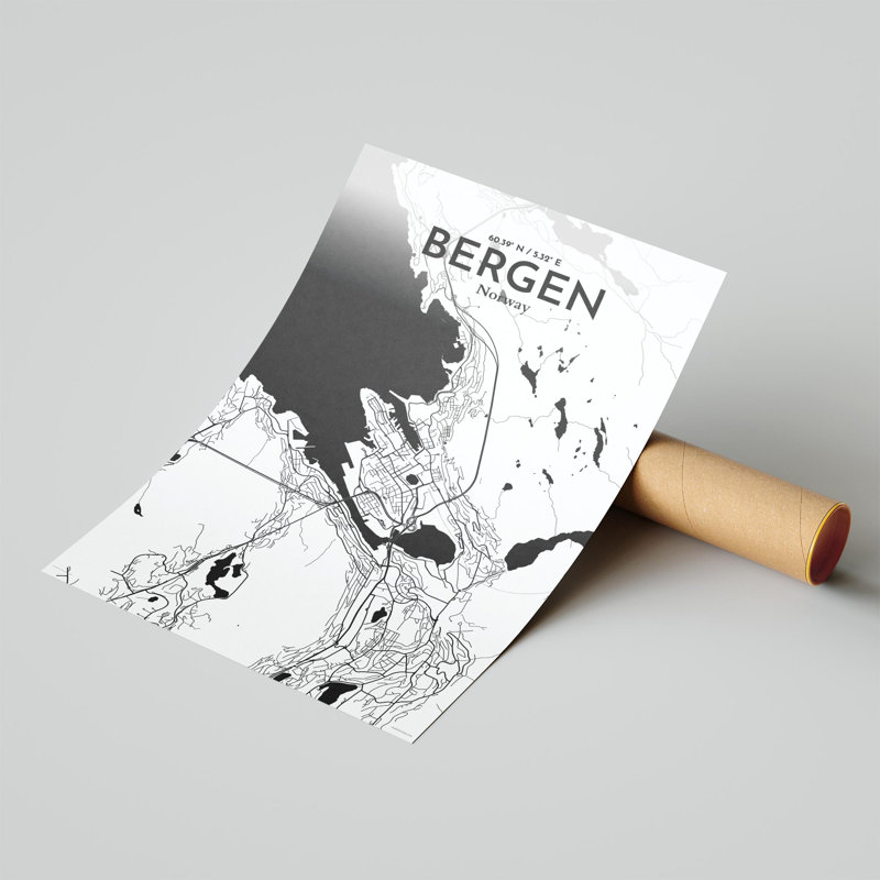 Bergen City Map, impression, H 17 po x l 11 po, Noir et blanc