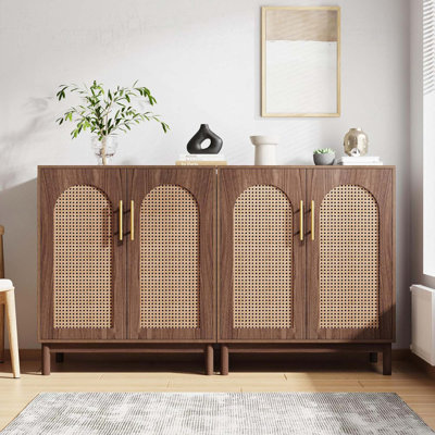 59" Rattan Dark Brown Wood Yellow Sideboard Buffet Cabinet