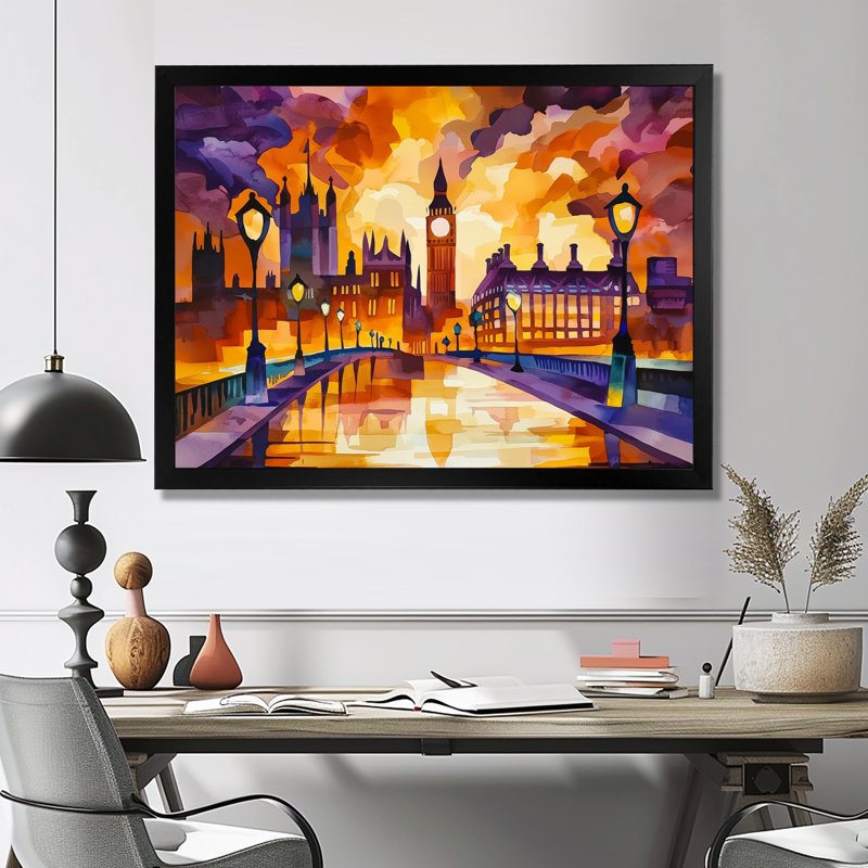 «London's Sunset City Views II - City London», reproduction d'art murale, H 34 po x l 44 po, Noir