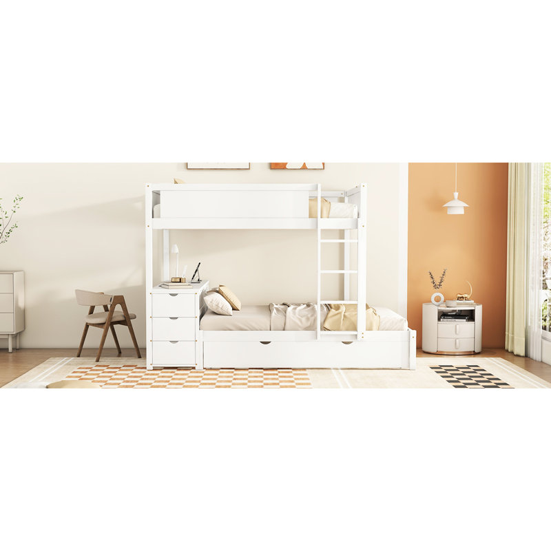 Lit superposé blanc avec rangement de taille, gigogne simple et sortie de nuit sous le bureau