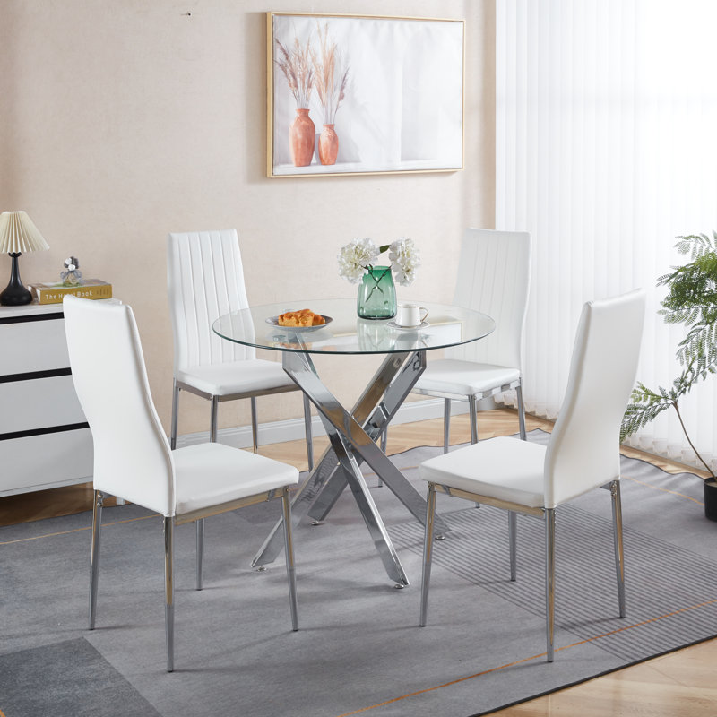 Ensemble de salle à manger 1 + 4,5 pièces, table de salle à manger de style Mid-Century pour 4 à 6 personnes avec plateau en verre, table de salle à manger à piédestal, table basse de loisirs.