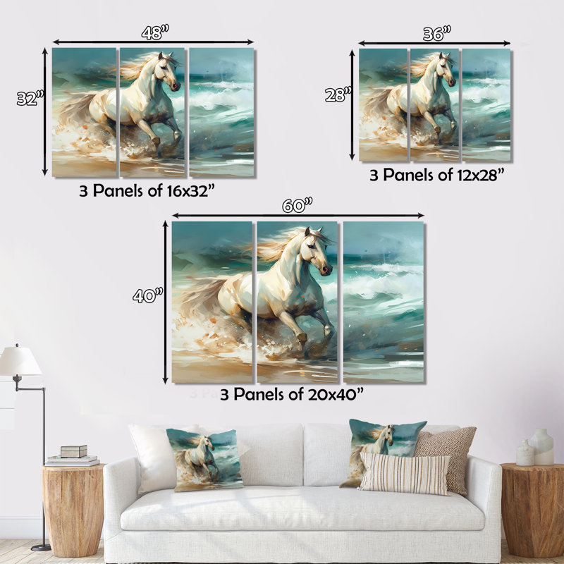 Cheval sur la plage II, reproduction sur toile 3 pièces, H 28 po x l 36 po x P 1 po