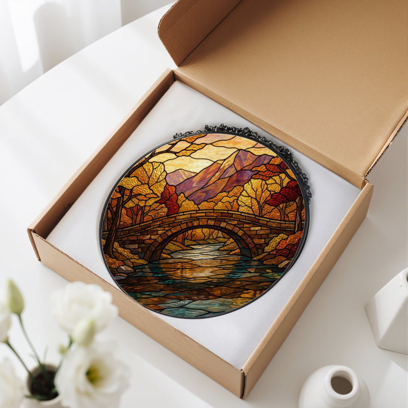 7.8"H Autumn Landscape Stained Glass Window Panel