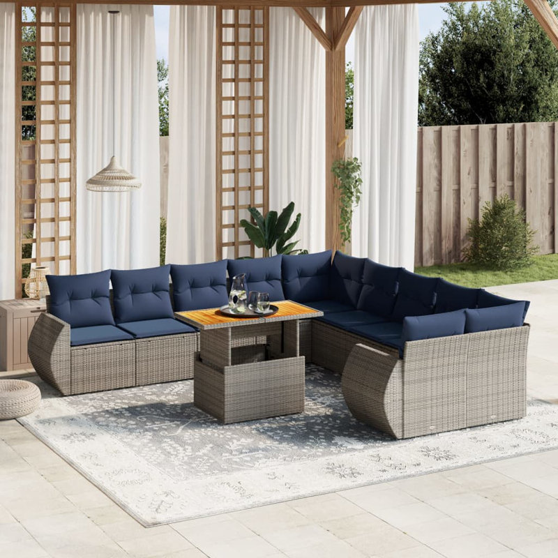  Ensemble de canapé de patio 11 pièces avec coussins en rotin de polyester, Gris, Bleu