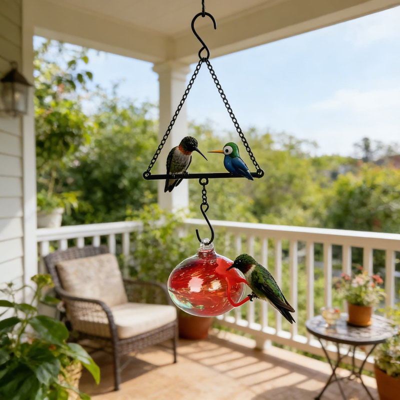 Mangeoire à colibri en verre soufflé à la main avec perchoir en métal, décoration de jardin artistique et cadeau fonctionnel d'observation des oiseaux