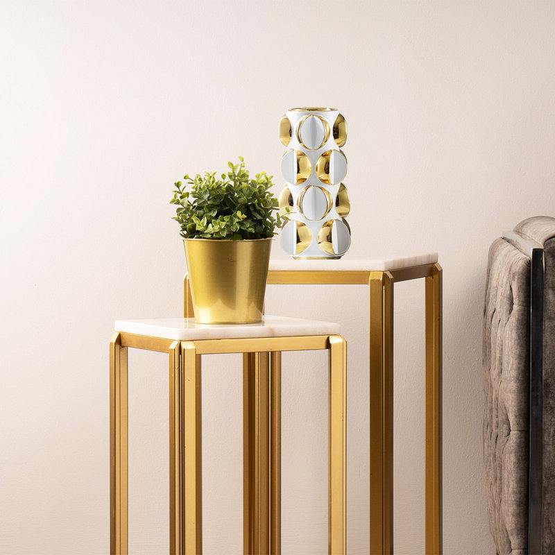 Ajalon Handmade White with Gold Decorative Ceramic Vase for Living Room Modern Home Decoration Accent Piece