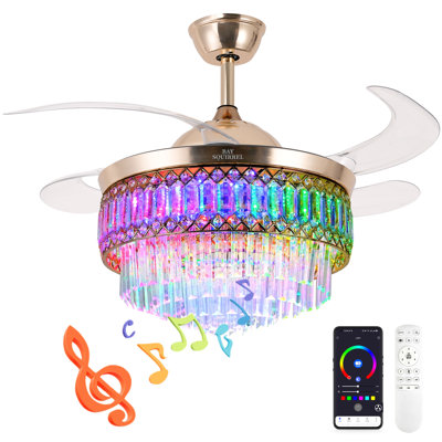 42-inch Smart Crystal Ceiling Fan Light Retractable invisible blades, Bluetooth speaker, RGB full-colour lighting, 6-speed forward/reverse settings, remote control, app-based smart control
