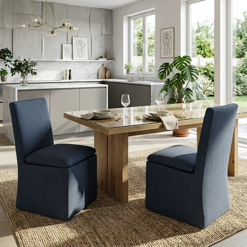 Keaton 21" Wide Modern No Assembly Upholstered Linen Side Dining Chair with Casters, Indigo