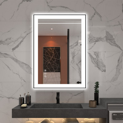  Miroir de salle de bain à DEL avec éclairage avant et rétroéclairé, 28 po x 20 po, homologué ETL, antibuée, à intensité variable, 3 températures de couleur, miroir mural en verre trempé à DEL avec cadre noir