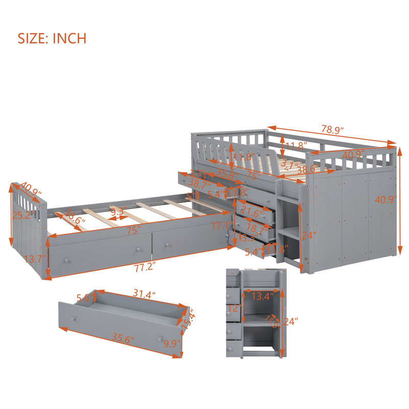 L-Shaped  Space-Saving Twin Loft And  Twin  Platform Bed With 7 Drawers And Full Guardrails(GRAY)