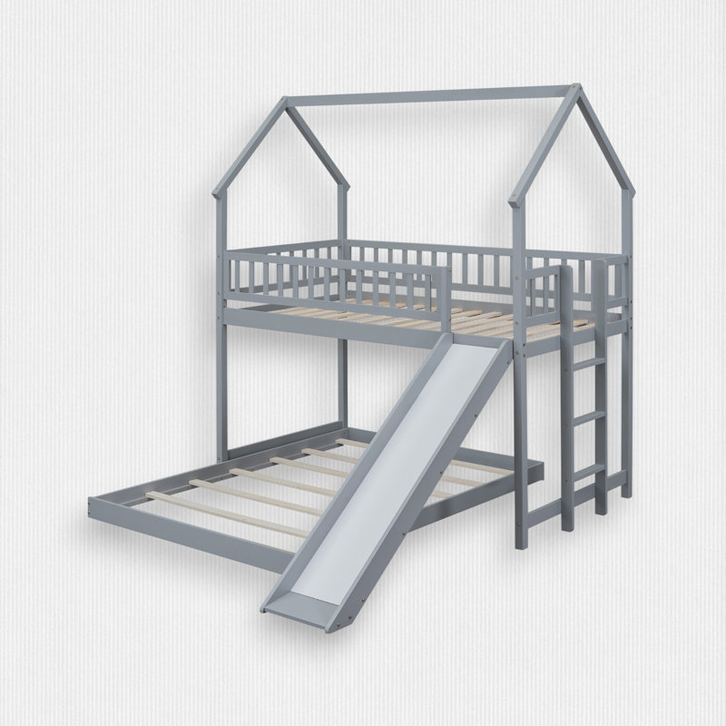 Twin Over Full Bunk Bed With Full-Length Guardrail, Gray