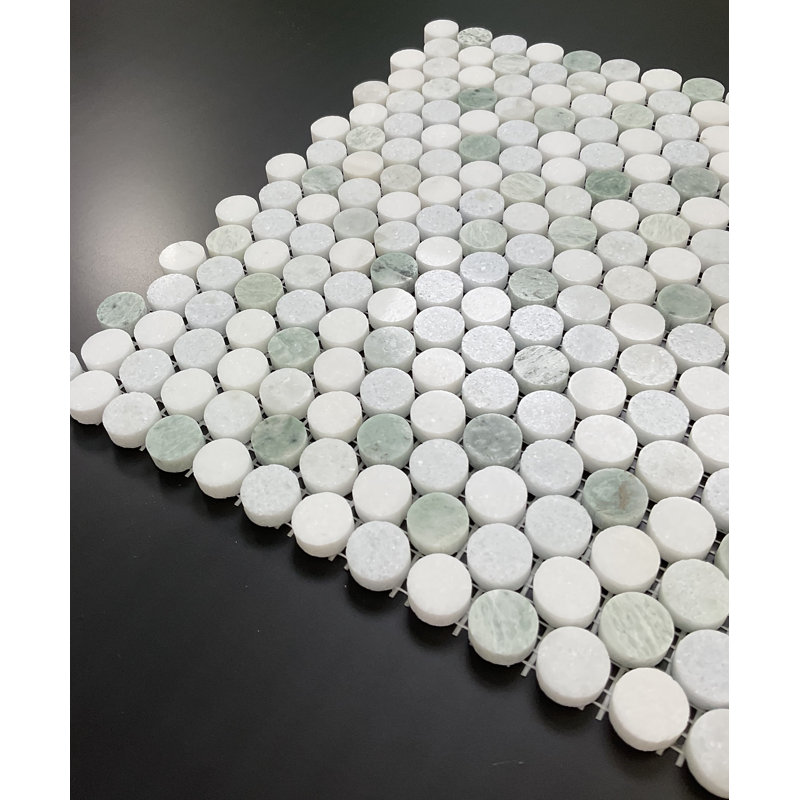 Mosaïque de marbre poli rond ES Stone Blue Celeste, Thassos White et Ming Green, 3/4 po