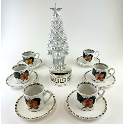 Victoria Bella, ensemble de 6 tasses à café en porcelaine tendre et soucoupes dans le motif de fruits Hookers montrant des abricots