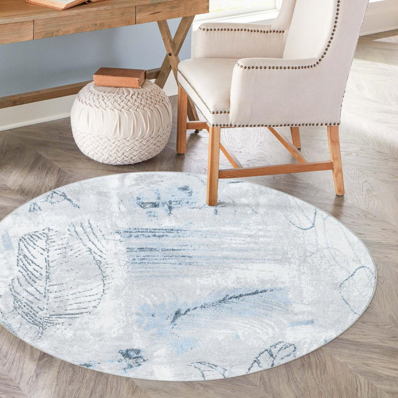Tapis floral en polyester tissé à la machine en blanc / gris / bleu Lamm, Rond 3 pi 3 po