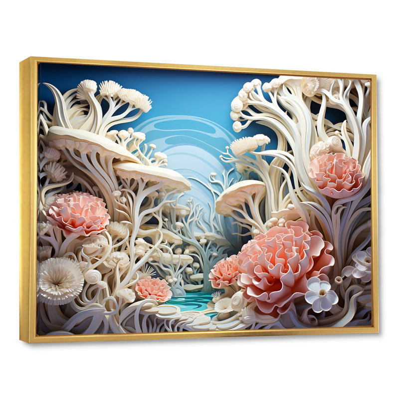 «Coral Sea Anemon Collage», art mural sur toile plage et océan, Cadre flottant doré, H 24 po x l 32 po x P 1 po
