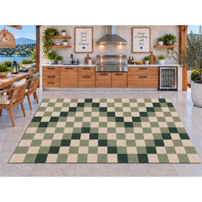 Tapis d'extérieur 5' x 7' à carreaux crème et sauge, en PVC épais, imperméable et bouclé, résistant et durable, idéal pour la cuisine, le porche, la terrasse, le balcon et l'entrée.