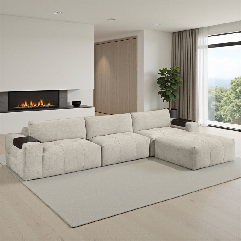 Canapé modulaire 4 pièces avec repose-pieds en tissu texturé, détails capitonnés et plateaux d'accoudoirs en bois de 154 po Rousey