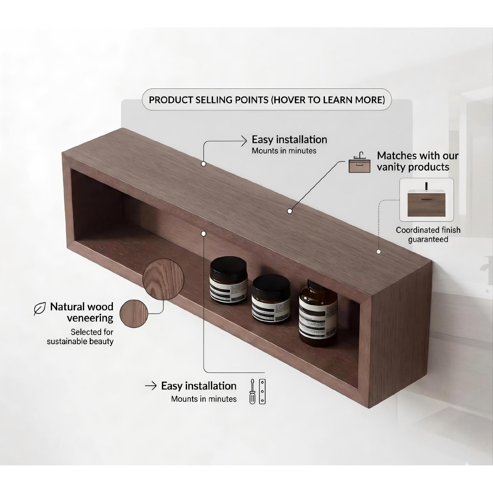 Natural Wood Veneer with Engineered Plywood Wall Bathroom Shelves, Chestnut Oak