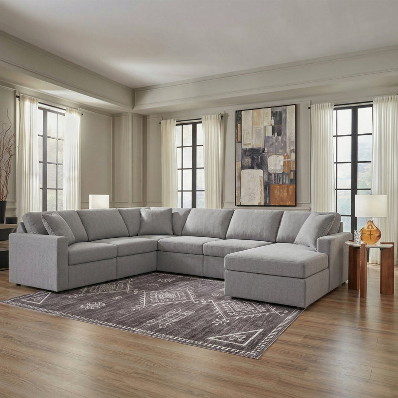 Canapé modulaire 6 pièces avec méridienne Chobanyan, Polyester gris, Face à la droite, H 36 po x l 139 po x P 106 po