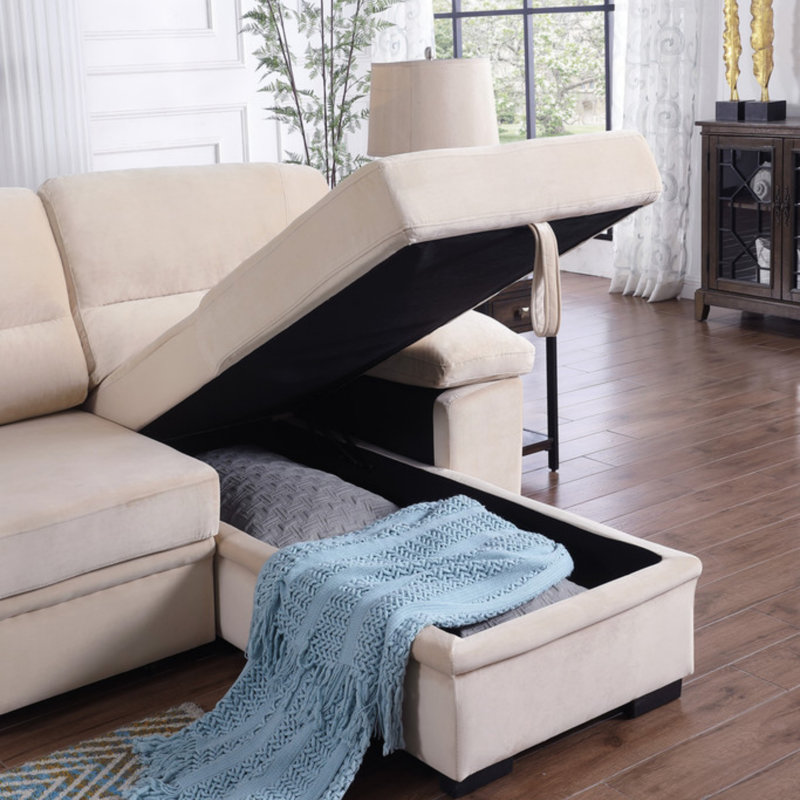 Velvet Fabric Reversible Sleeper Sectional Sofa Chaise, Beige