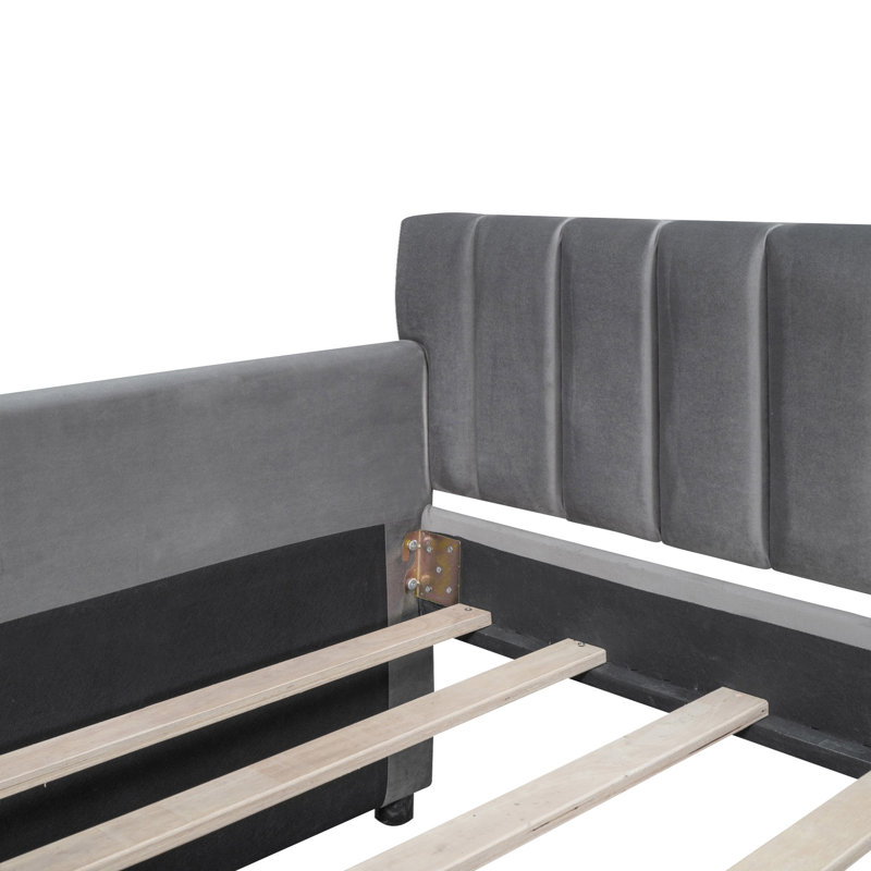 Lit de jour simple tapissier avec tiroirs, support en lattes de bois, Gris