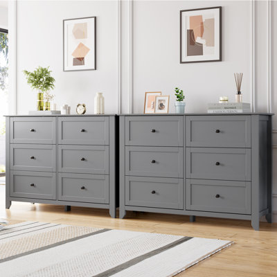 Set of 2 Modern Dresser for Bedroom, 6 Drawer Chest Organizer Wood Storage Cabinet for Living Room, Entryway, Hallway, Gray
