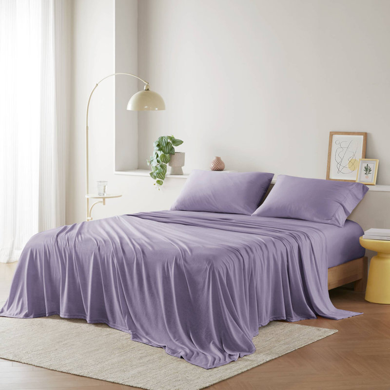  Ensemble de draps en tricot de coton toutes saisons, Ensemble de draps pour lit simple avec 1 taie d'or, Mauve