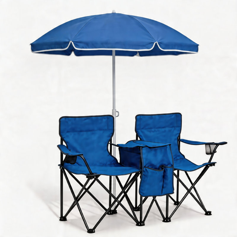 Portable 2-person Folding Beach Chair Set With Umbrella, Cup Holders & Cooler, Blue, 55" W, Easy Assembly